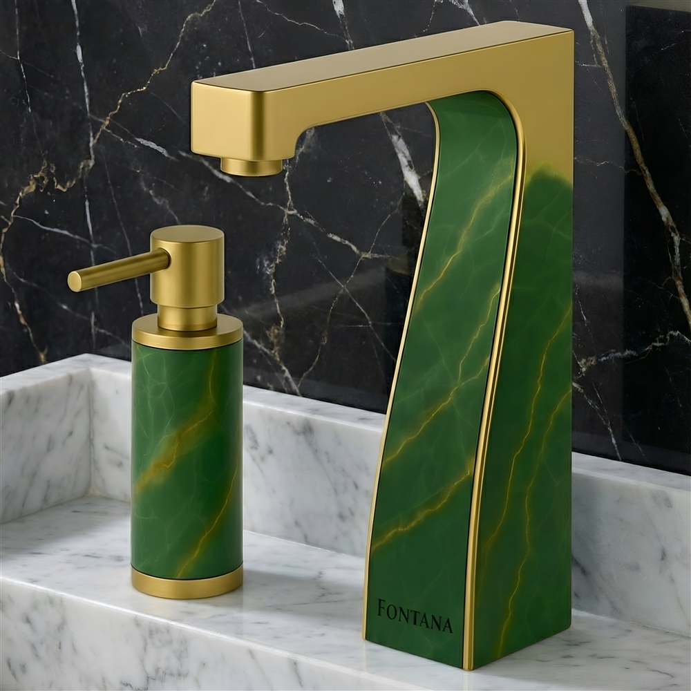 Modern healthcare restroom with commercial touchless faucets and clean blue-white design