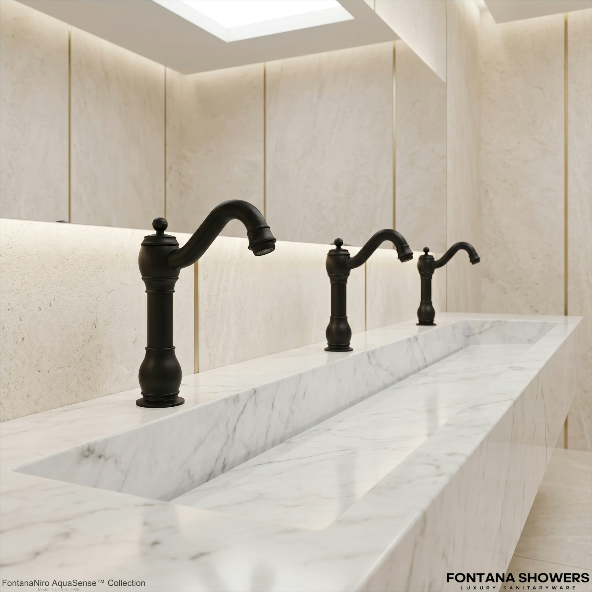 Wall-mounted touchless faucet and soap dispenser over a commercial sink