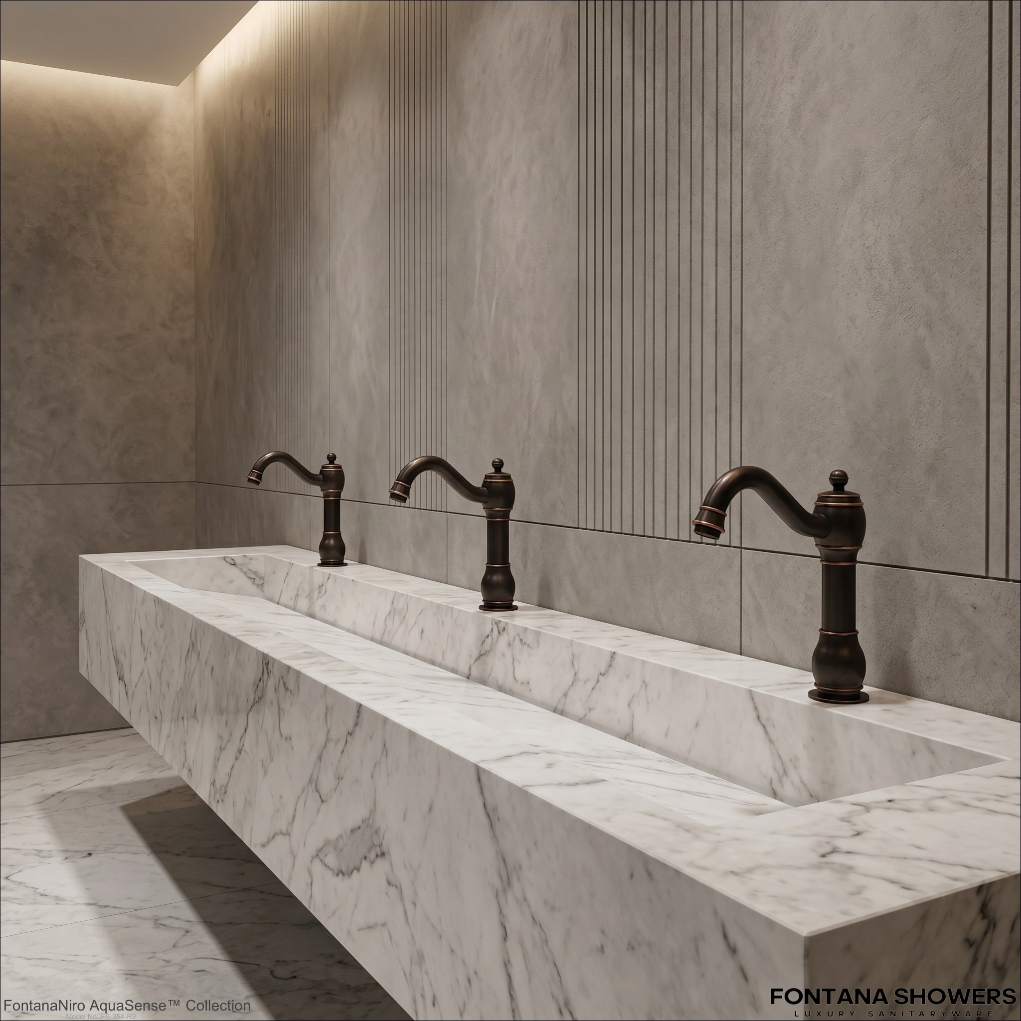 Multiple gold touchless faucets installed in a row of commercial sinks