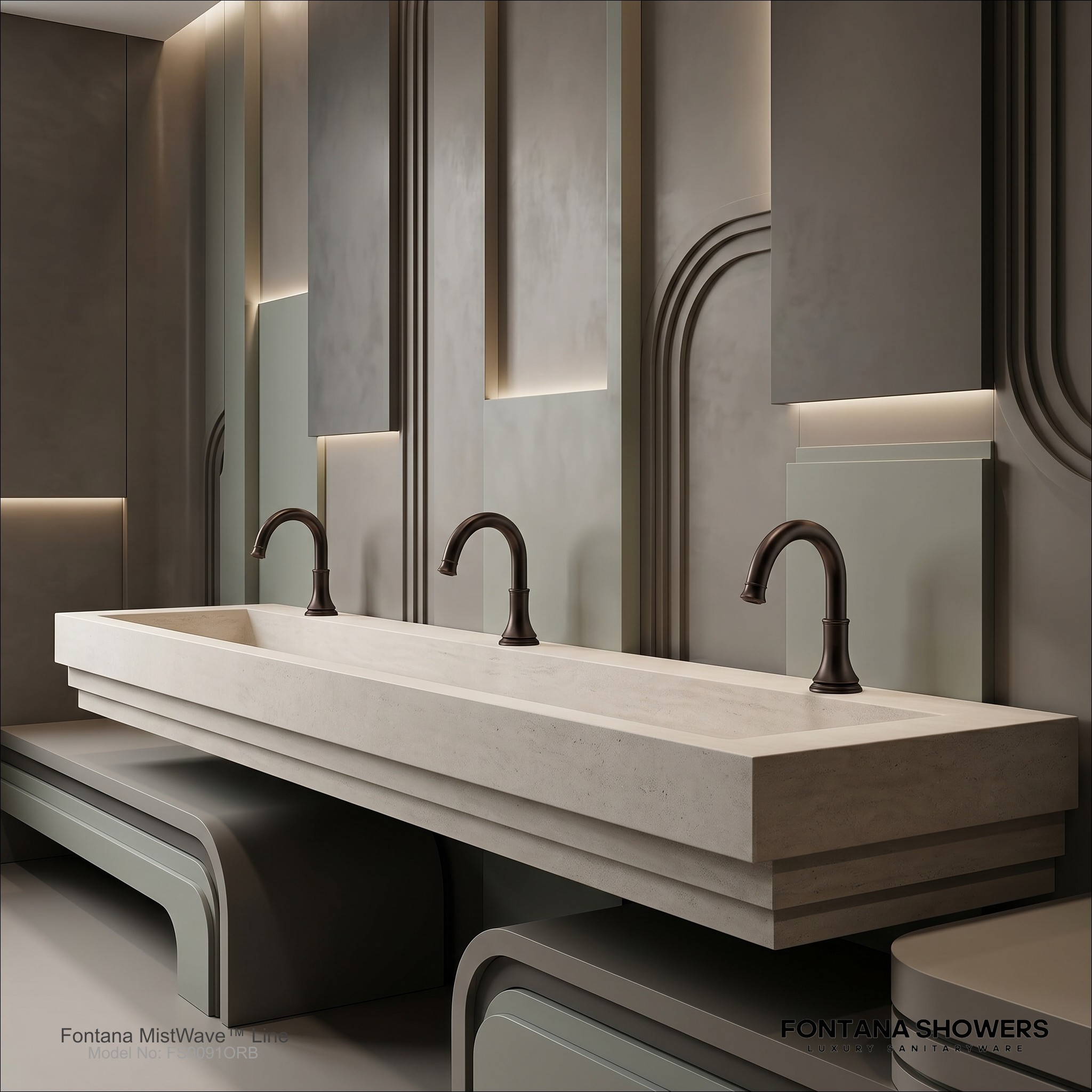 Brushed metal touchless faucet and soap dispenser at a lavatory counter