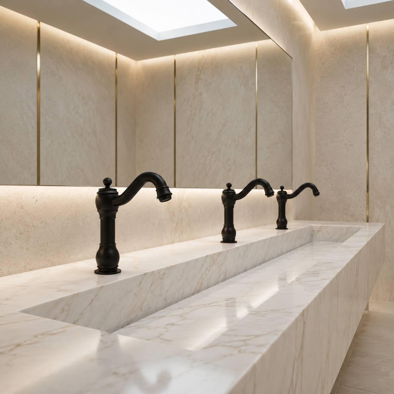High-traffic restroom concept with repeated touchless faucet stations