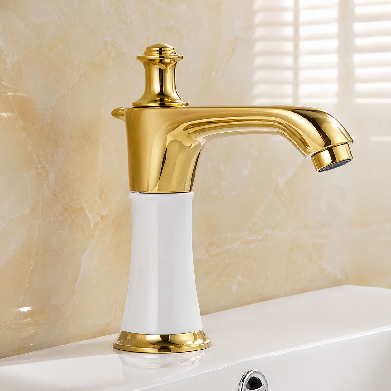 BathSelect White Stem Gold Head Deck Mount Commercial Motion Sensor Faucet